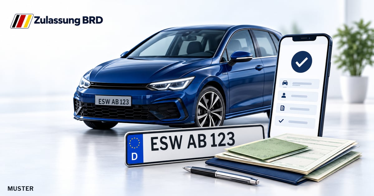Online Fahrzeugzulassung in Großalmerode: Musterkennzeichen ESW AB 123, Auto und Fahrzeugpapiere und Smartphone. Illustration mit Logo von Zulassung BRD.